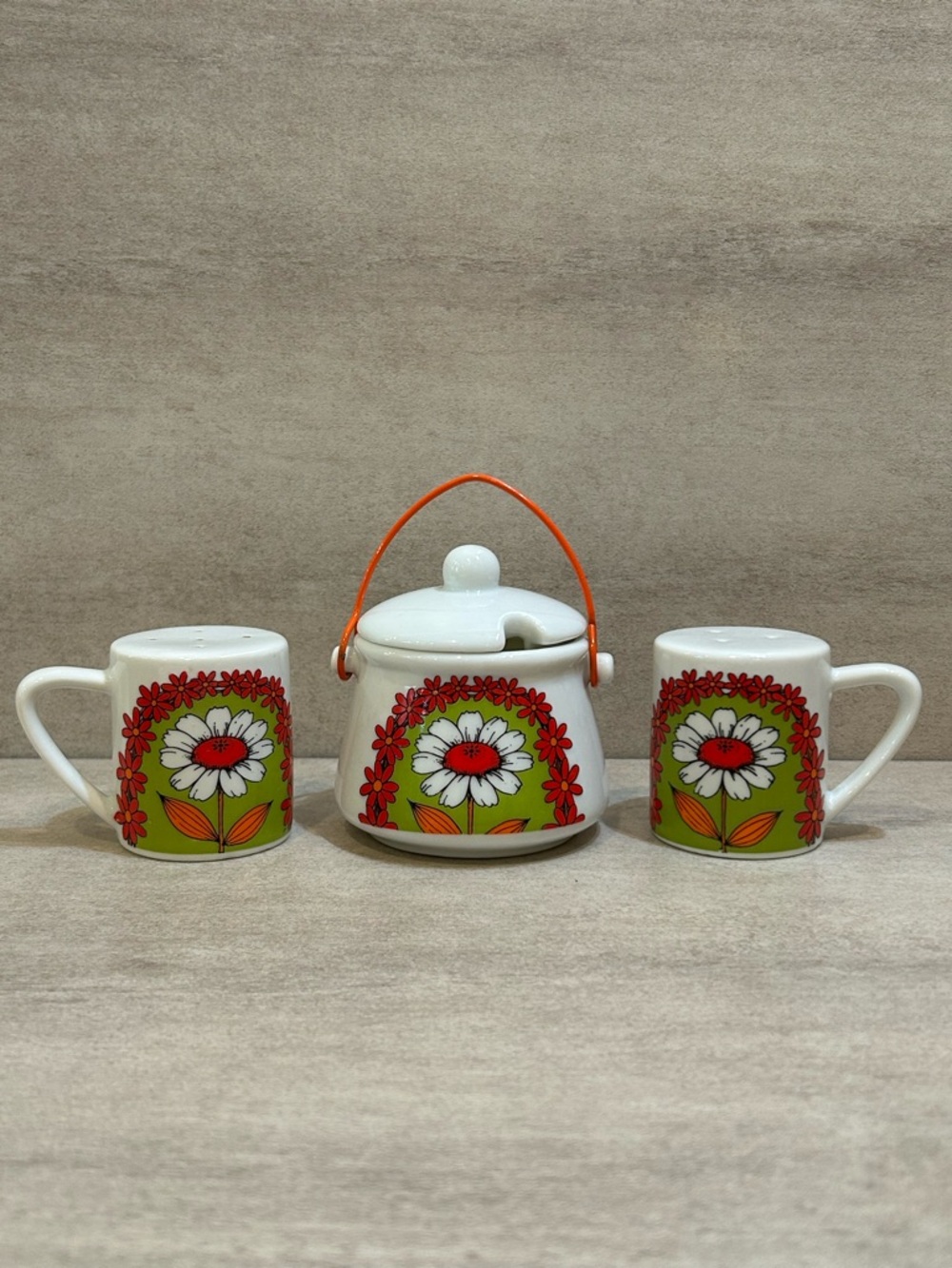 Retro Floral Sugar & Salt Set with Orange Handle